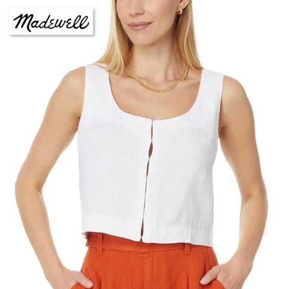 Madewell Tops - Madewell Scoopneck Crop Tank in 100% Linen Eyelet White 4 Sleeveless Boho NP015